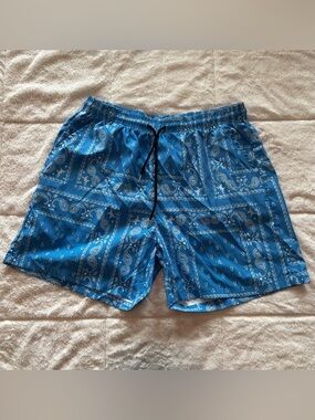 Men’s Blue Paisley Swim Trunks XXL Bandana Print No Liner Shorts